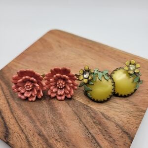 Vintage Screwback Floral Earrings Set - Pink and Yellow